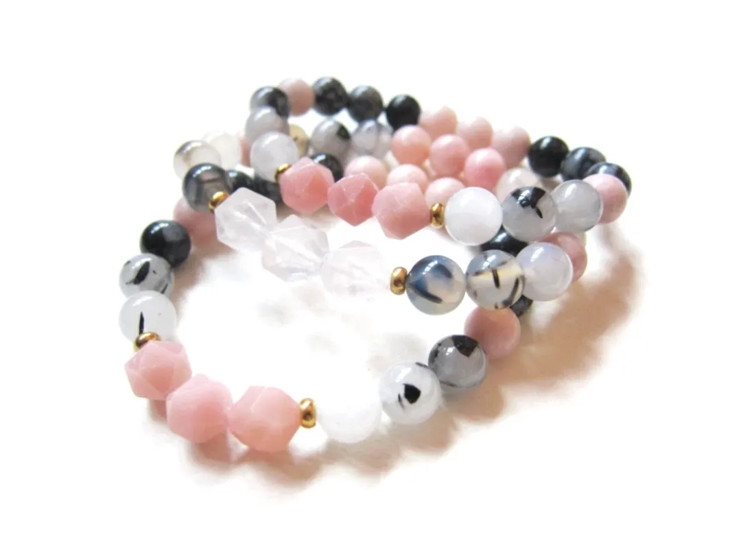 Pink Opal, Black White Tourmaline Mala Bracelet - October Birthstone