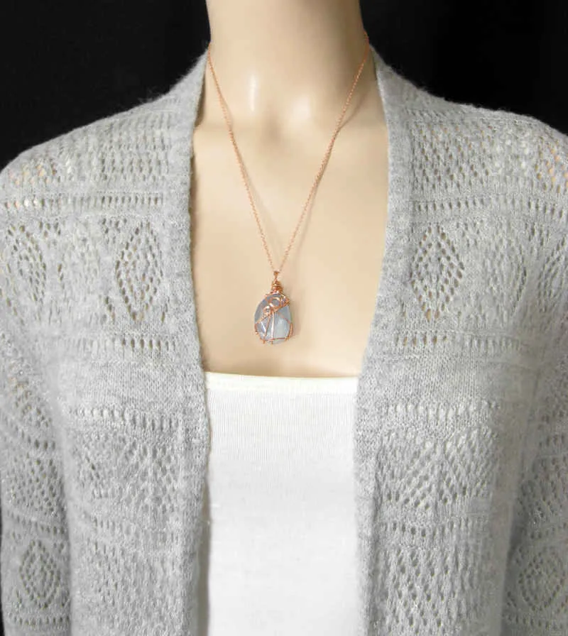 Polished Blue Celestite Pendant Necklace, Copper Wire-Wrapped, with 20 Chain, Handmade #2