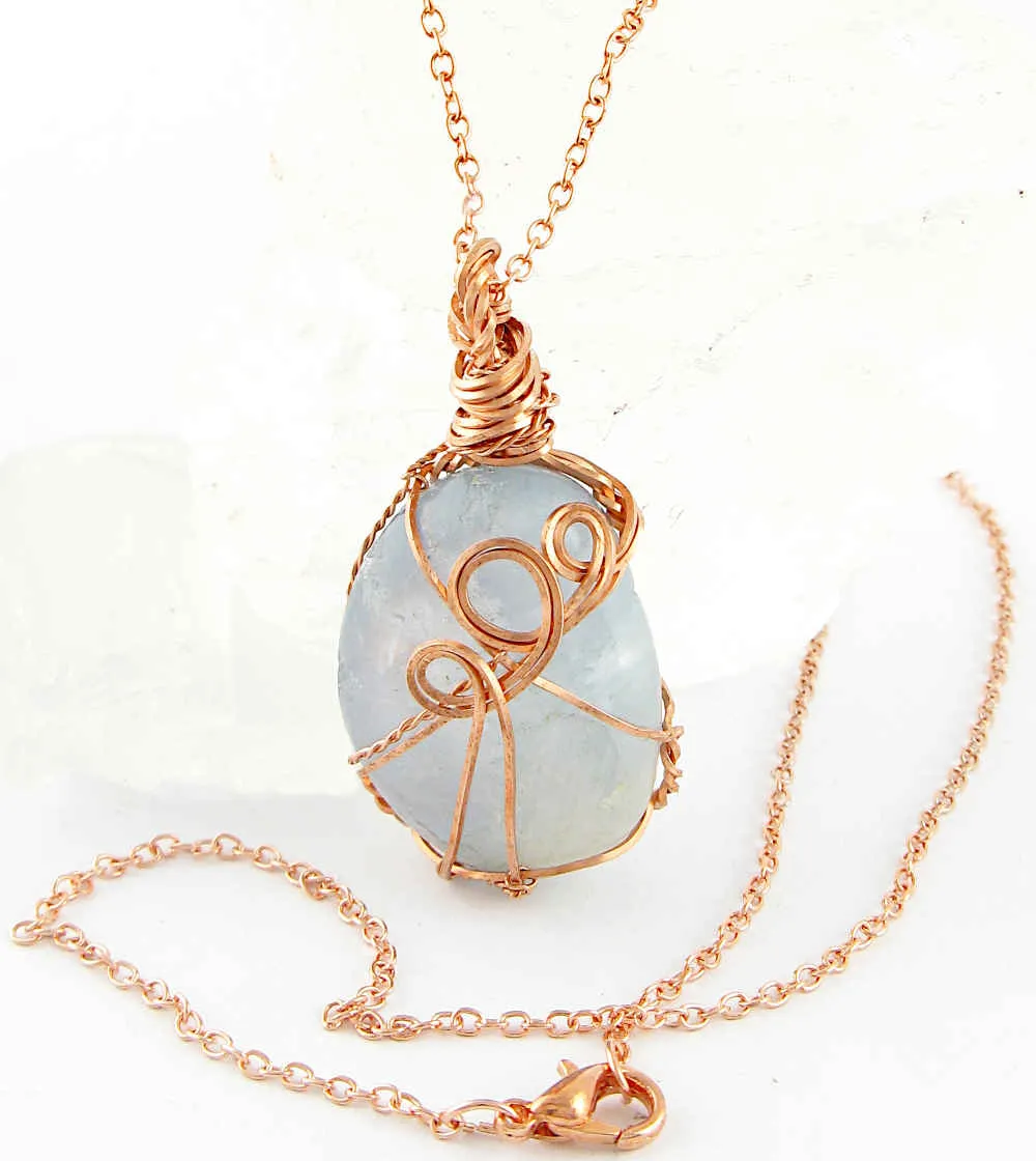 Polished Blue Celestite Pendant Necklace, Copper Wire-Wrapped, with 20 Chain, Handmade #2