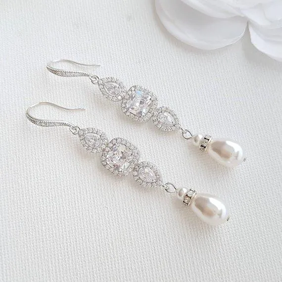 Rose Gold Pearl Drop Wedding Earrings-Gianna