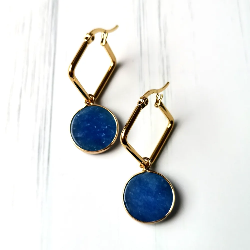 Round Blue Jade Square Hoop Earrings