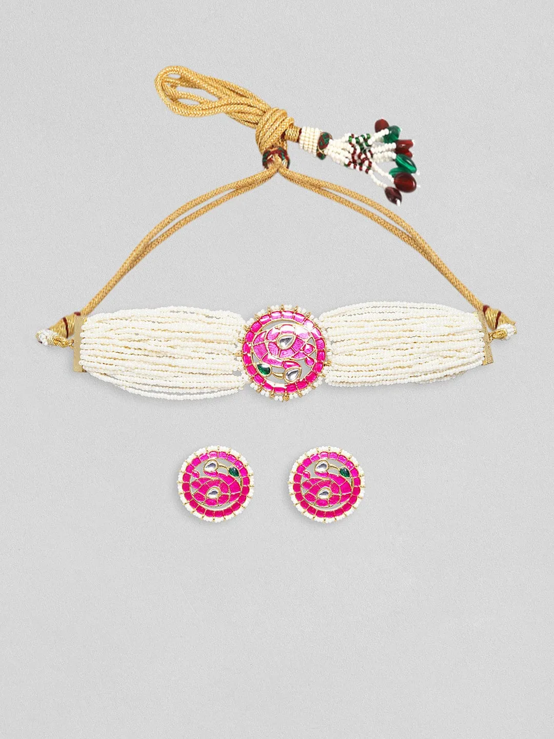 Rubans Gold Plated Pink And Green Enamelled Choker Set With White Beads