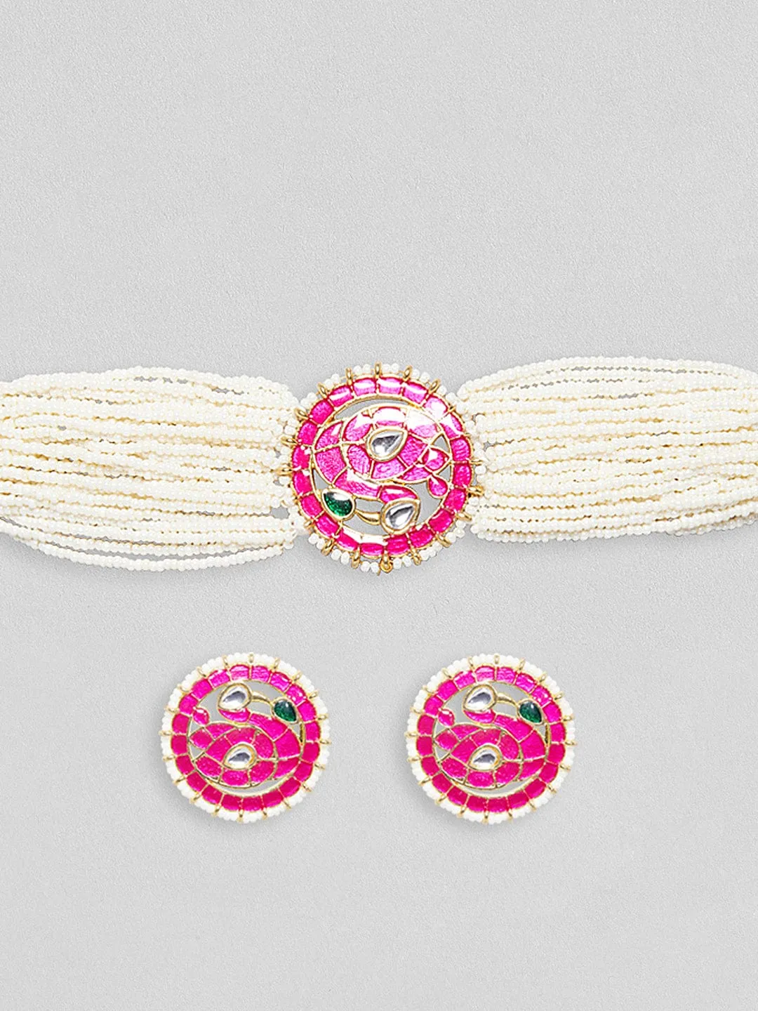 Rubans Gold Plated Pink And Green Enamelled Choker Set With White Beads