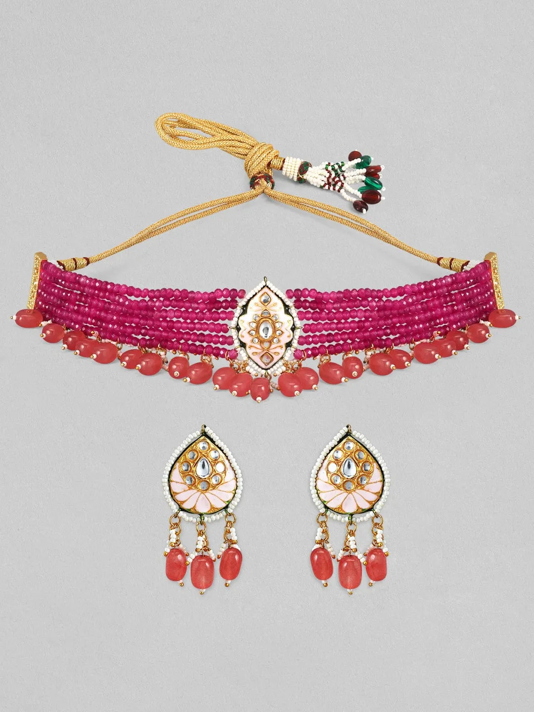 Rubans Luxury Gold Plated Kundan & Pink Beaded Handpainted Choker Set