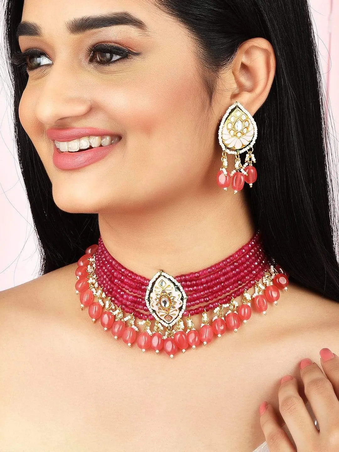 Rubans Luxury Gold Plated Kundan & Pink Beaded Handpainted Choker Set