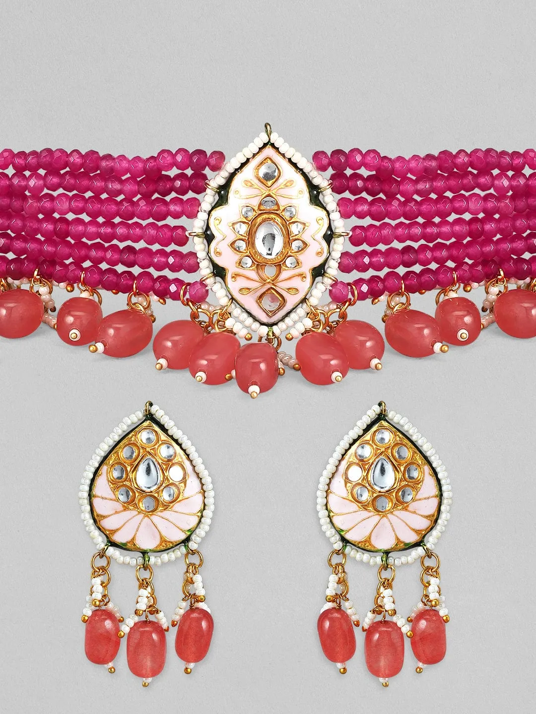 Rubans Luxury Gold Plated Kundan & Pink Beaded Handpainted Choker Set