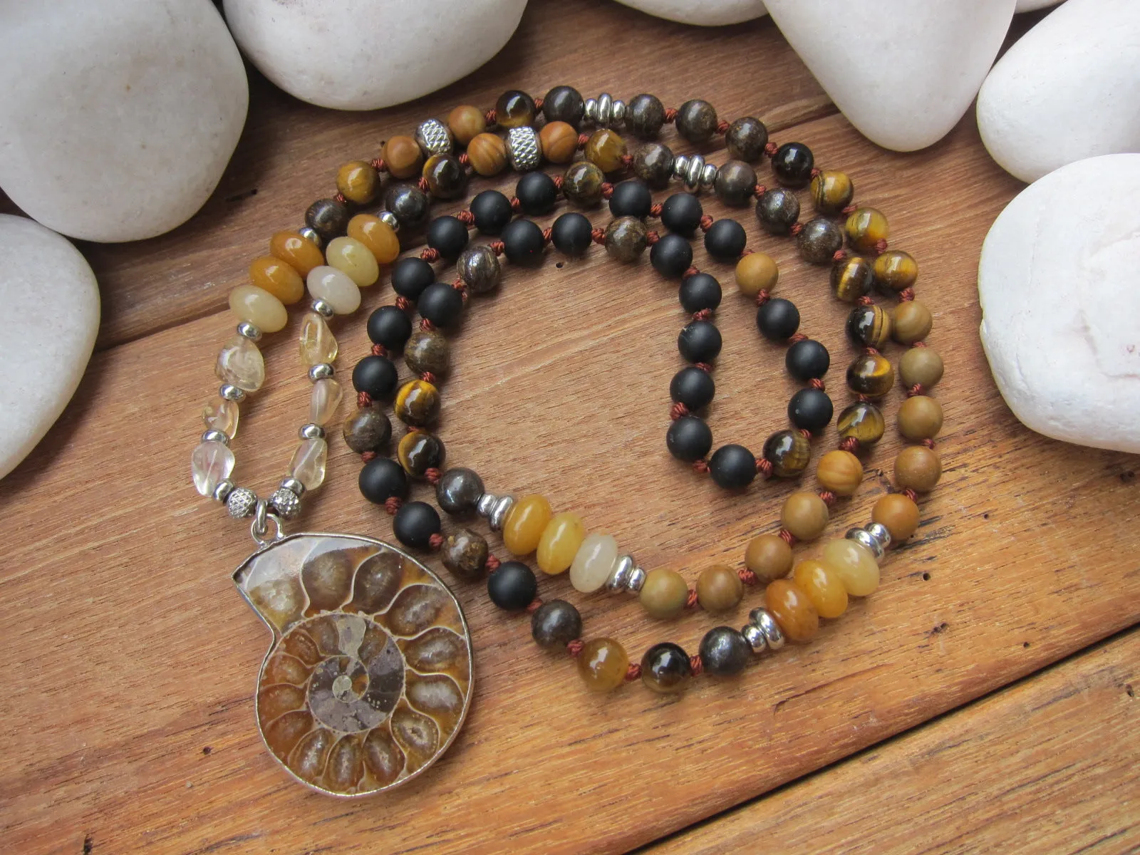 SALE - Ammonite Fossil, Bronzite, Black Onyx and Tigers Eye Mala Necklace