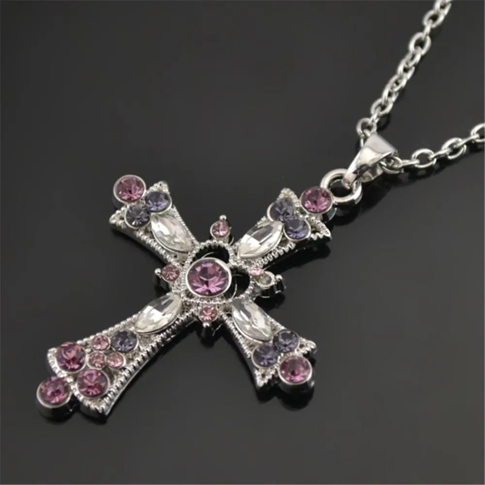 Silver Crystal Stone Holy Cross Jerusalem Pendant Necklace