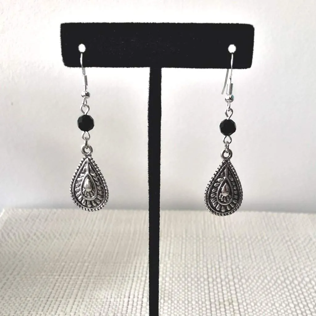 Silver Teardrop and Black Crystal Drop Earrings