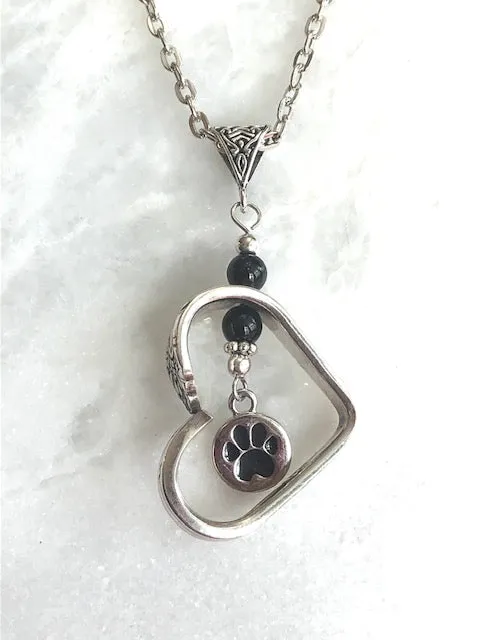 Silverware Floating Heart with Paw Print Necklace