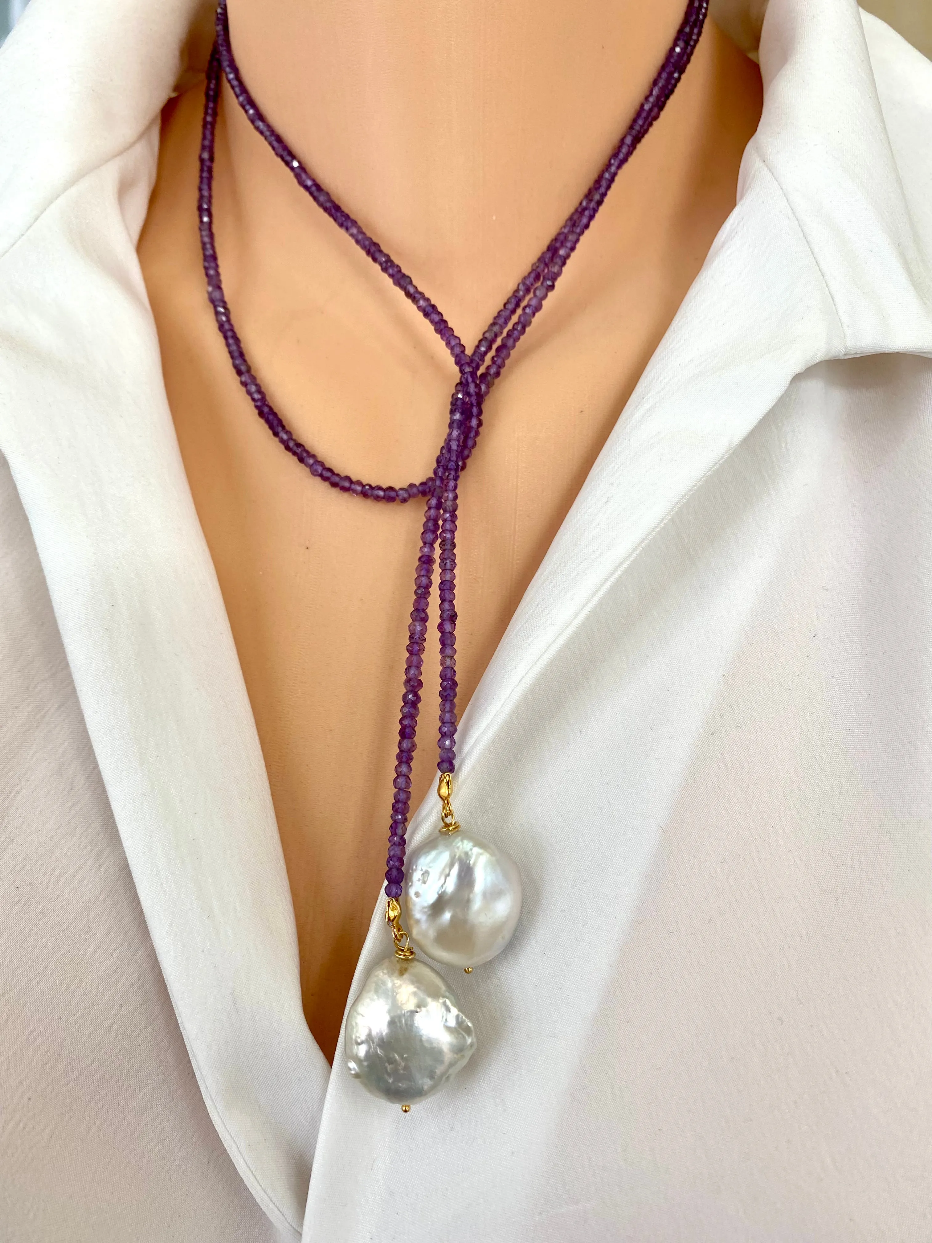 Single Strand of Amethyst & two Baroque Pearls Lariat Necklace, February Birthstone, 42.5in