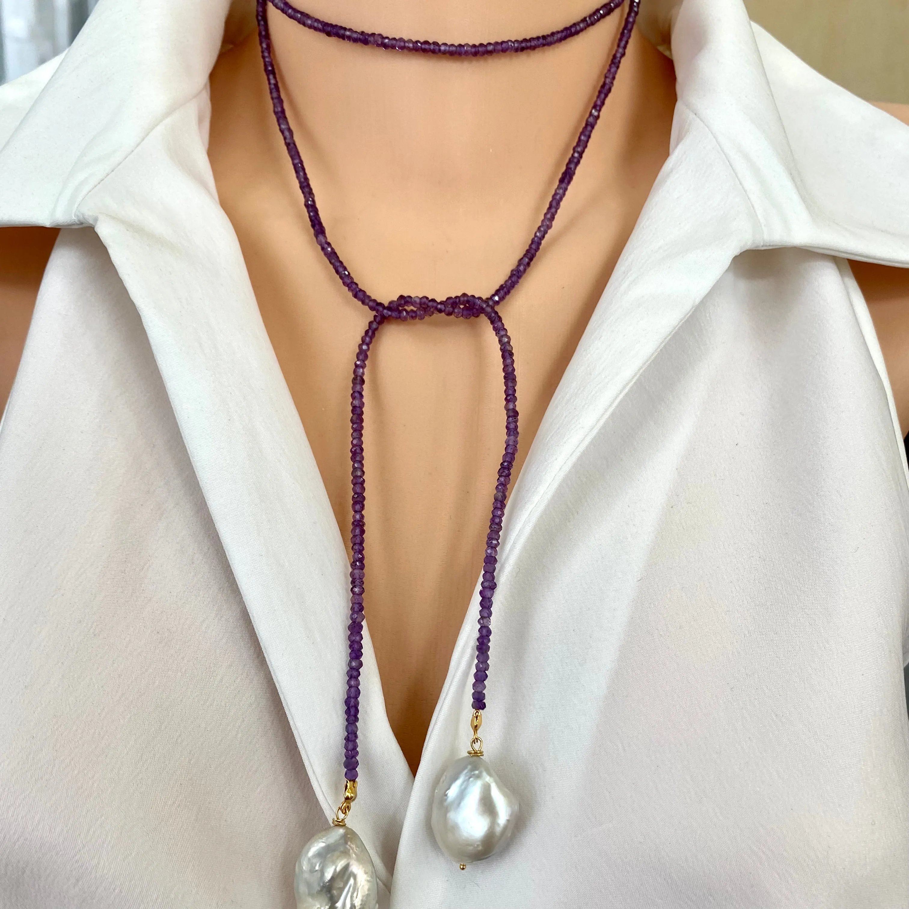 Single Strand of Amethyst & two Baroque Pearls Lariat Necklace, February Birthstone, 42.5in