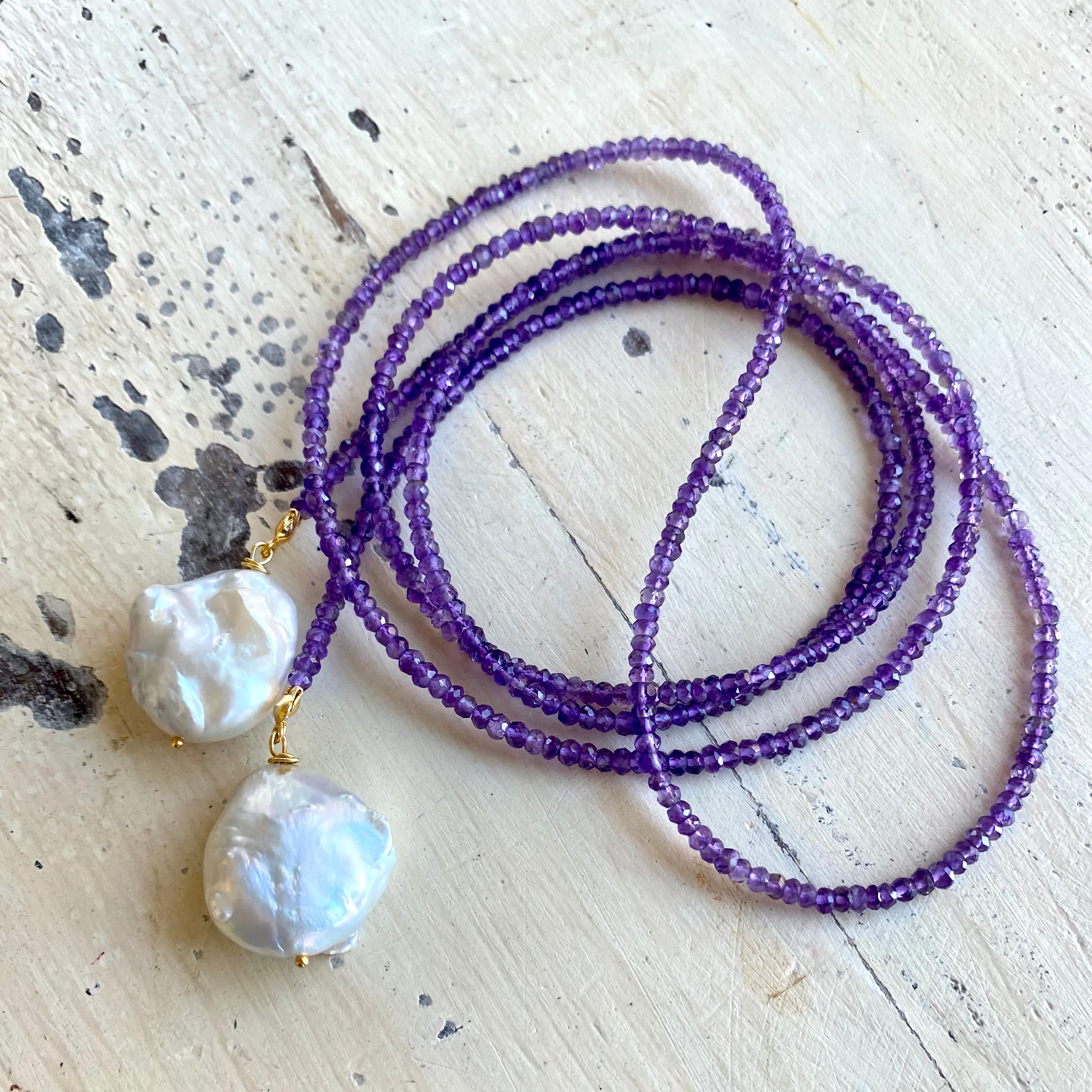 Single Strand of Amethyst & two Baroque Pearls Lariat Necklace, February Birthstone, 42.5in