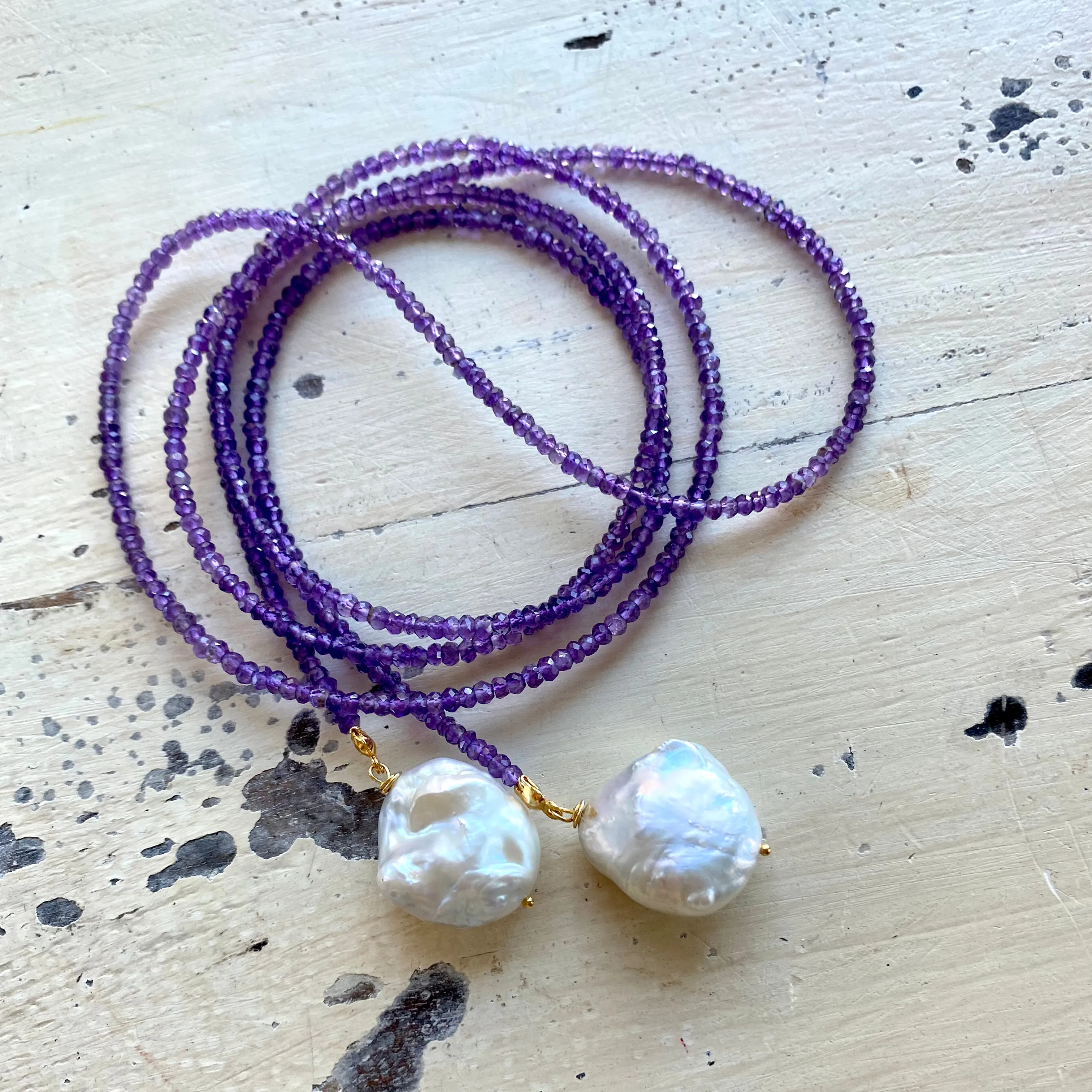 Single Strand of Amethyst & two Baroque Pearls Lariat Necklace, February Birthstone, 42.5in