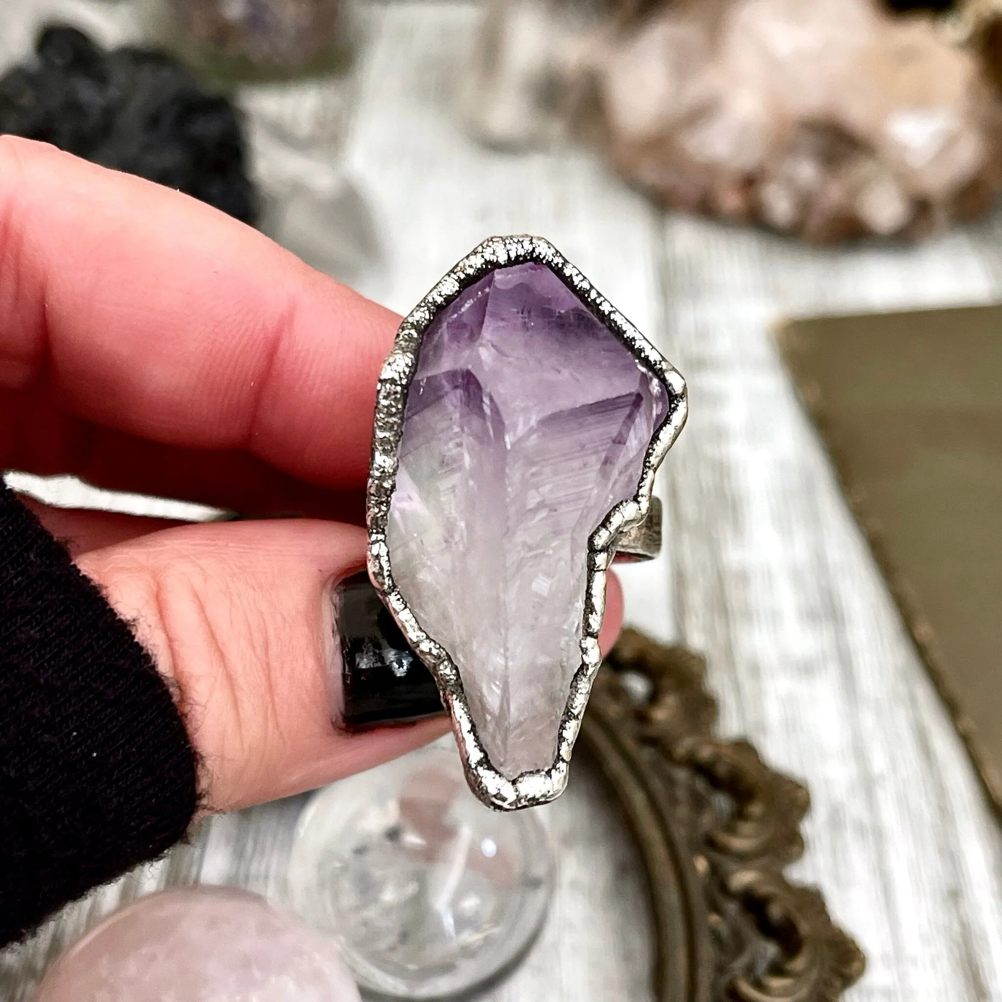 Size 6 Big Raw Amethyst Purple Crystal Ring in Fine Silver / Foxlark Collection - One of a Kind