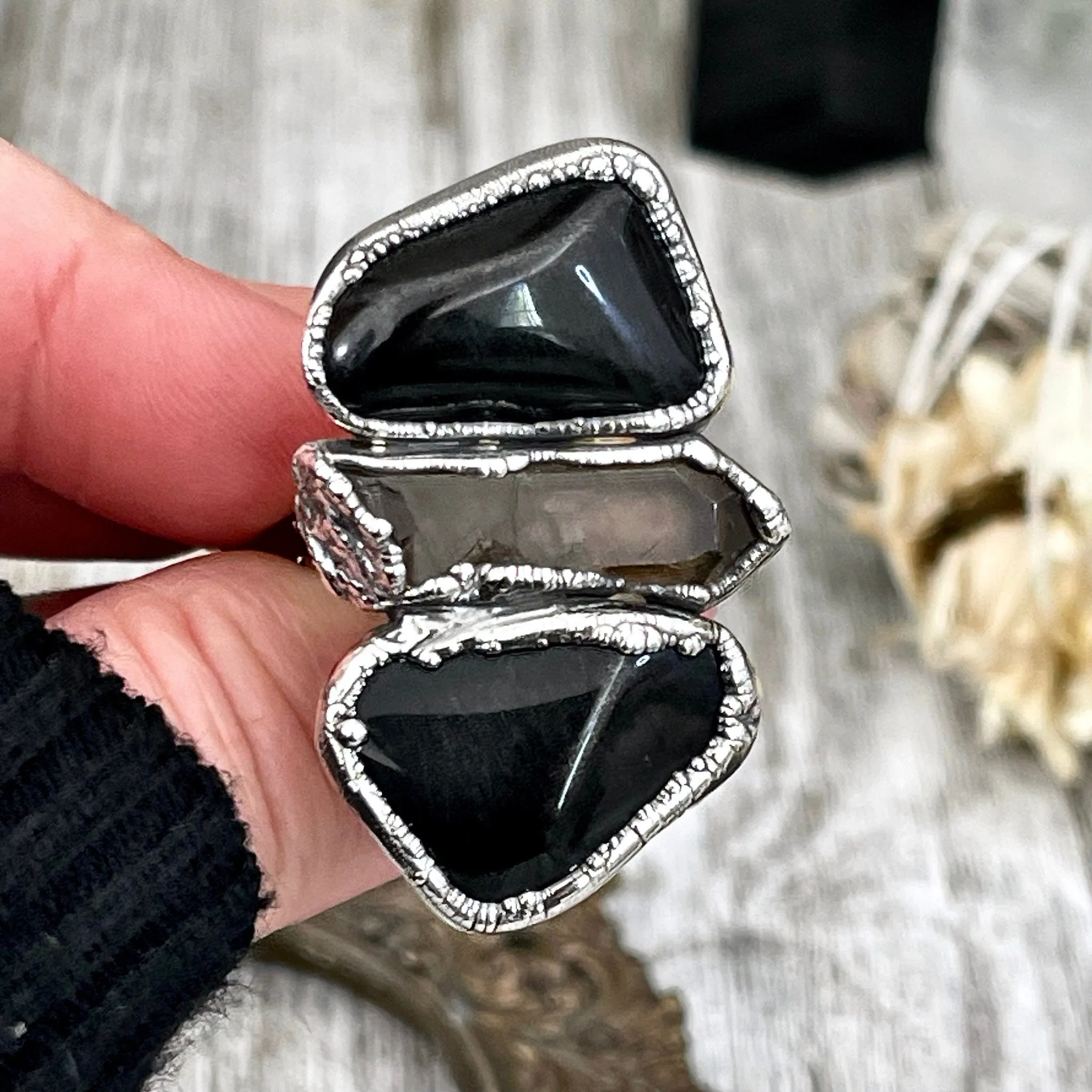 Size 8 Crystal Ring - Three Stone Ring Black Onyx & Raw Smokey Quartz Silver Ring / Foxlark Collection - One of a Kind