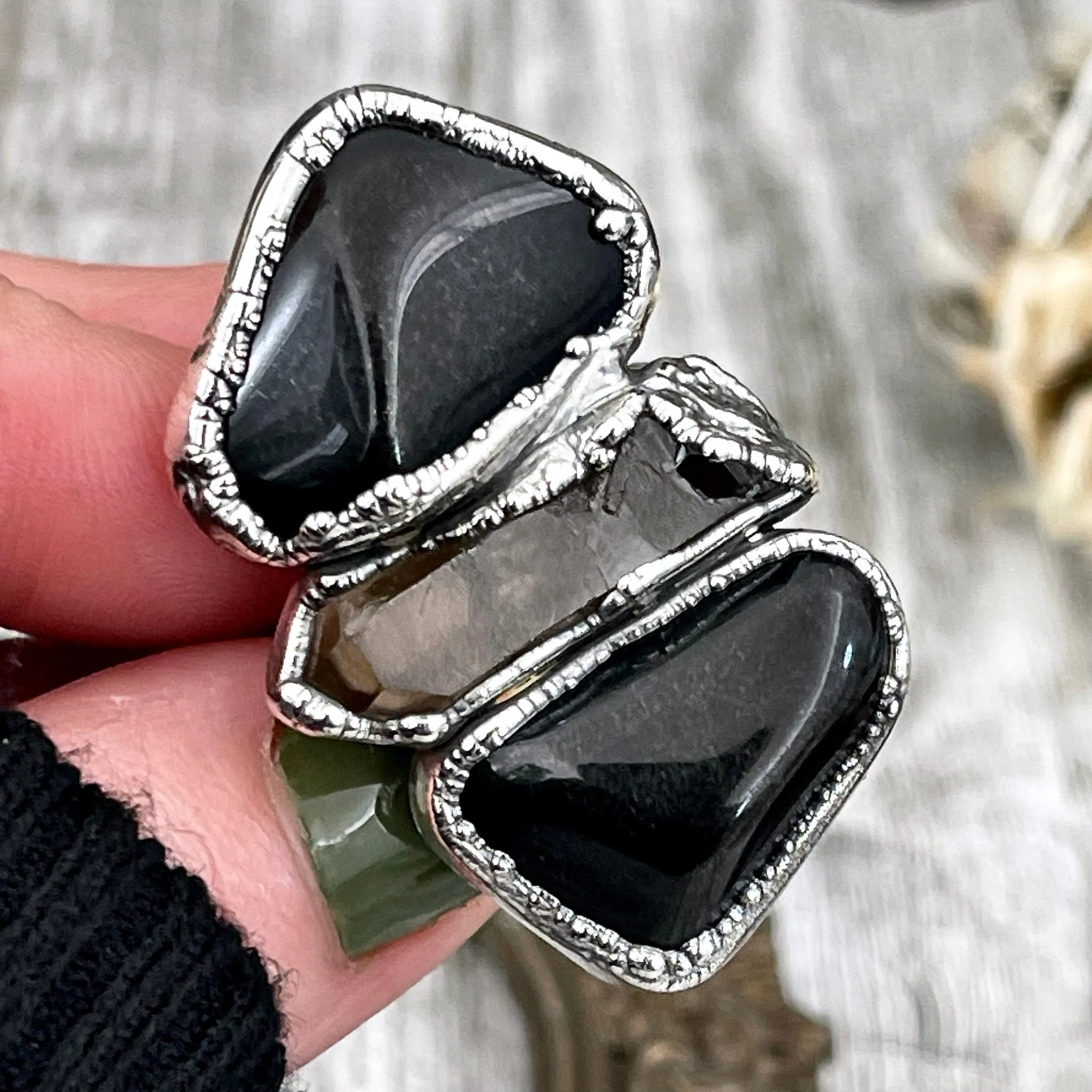 Size 8 Crystal Ring - Three Stone Ring Black Onyx & Raw Smokey Quartz Silver Ring / Foxlark Collection - One of a Kind