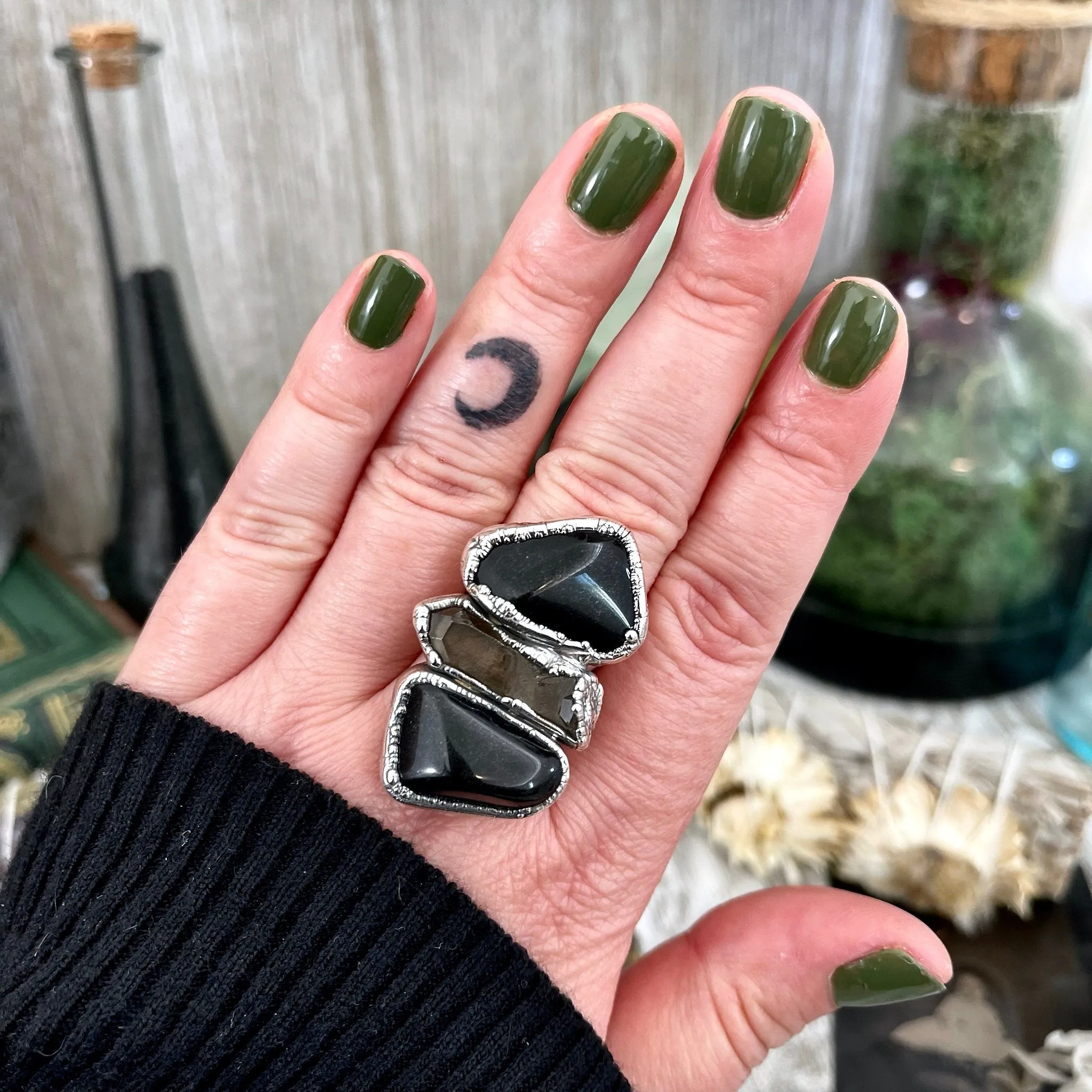 Size 8 Crystal Ring - Three Stone Ring Black Onyx & Raw Smokey Quartz Silver Ring / Foxlark Collection - One of a Kind