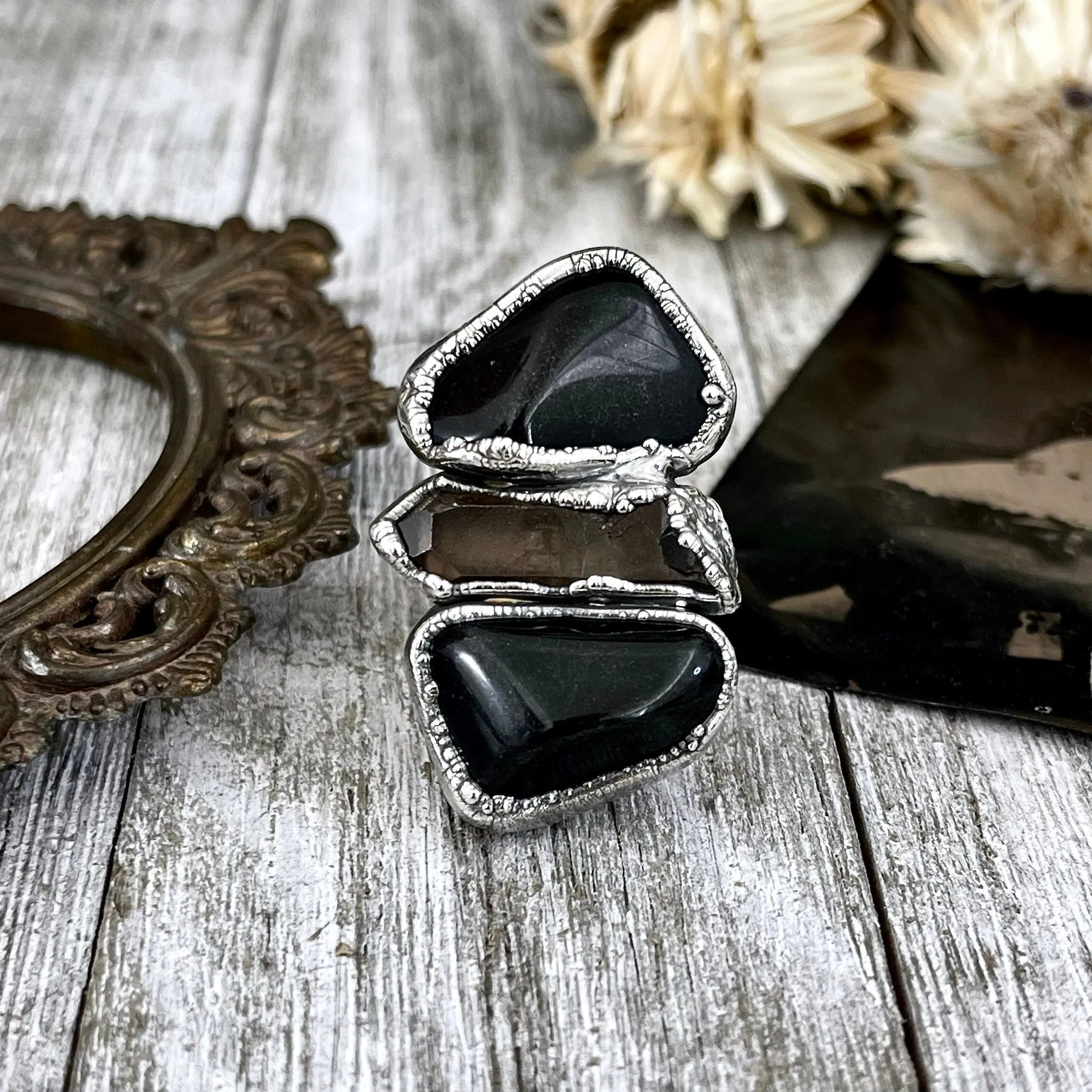 Size 8 Crystal Ring - Three Stone Ring Black Onyx & Raw Smokey Quartz Silver Ring / Foxlark Collection - One of a Kind