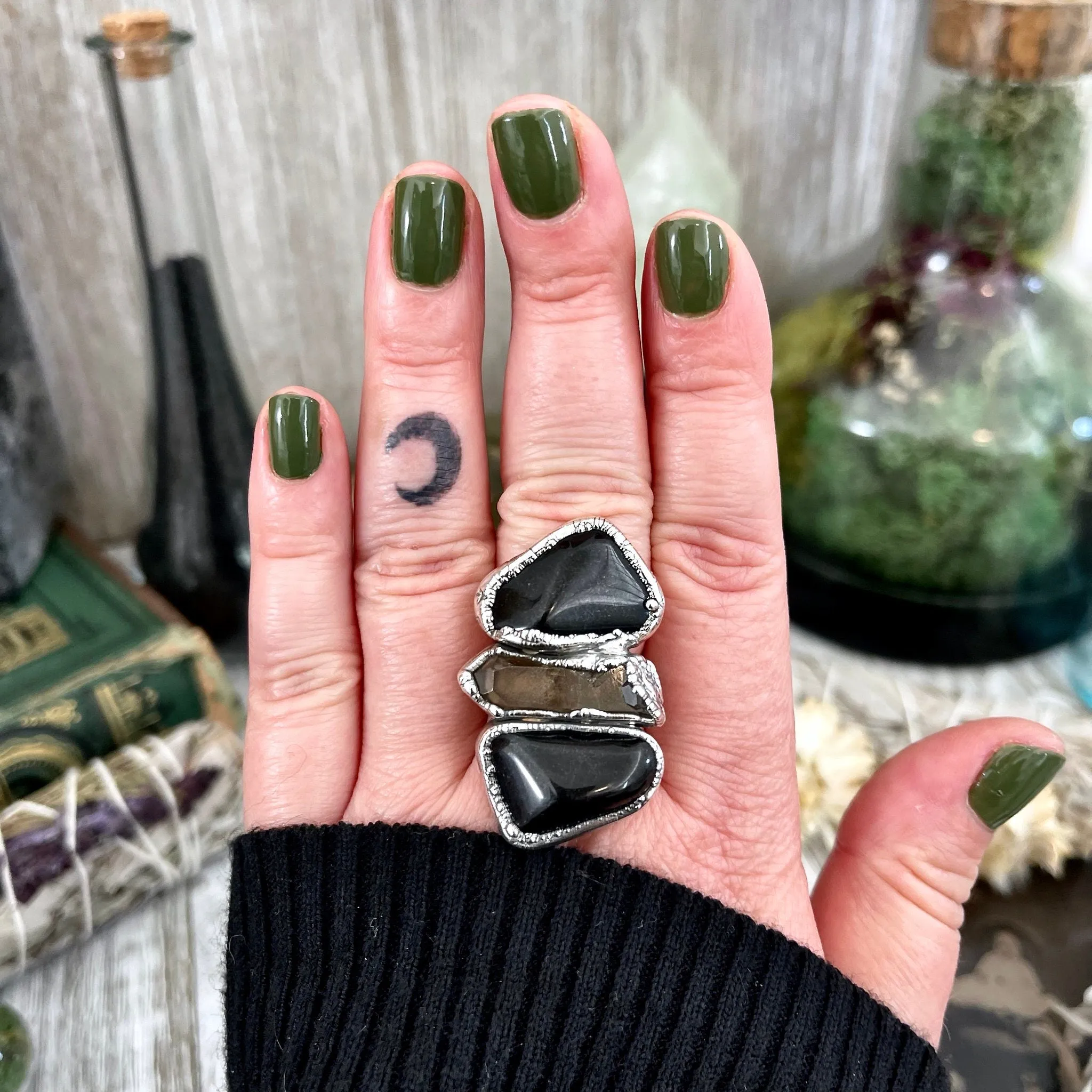 Size 8 Crystal Ring - Three Stone Ring Black Onyx & Raw Smokey Quartz Silver Ring / Foxlark Collection - One of a Kind