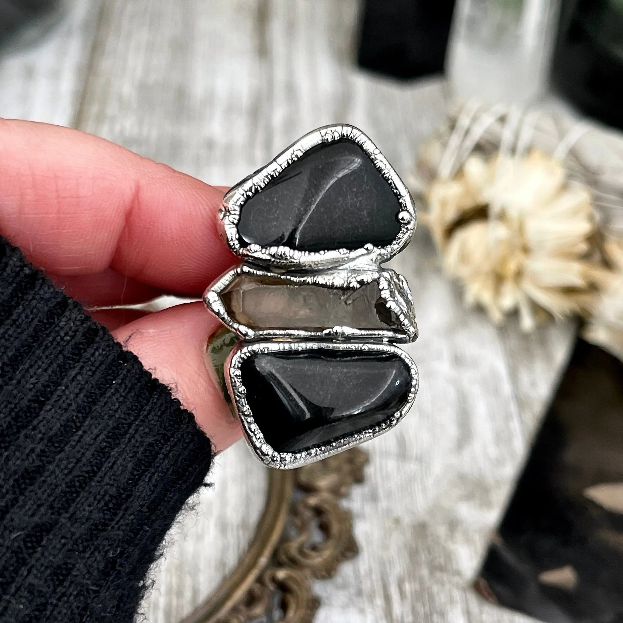 Size 8 Crystal Ring - Three Stone Ring Black Onyx & Raw Smokey Quartz Silver Ring / Foxlark Collection - One of a Kind