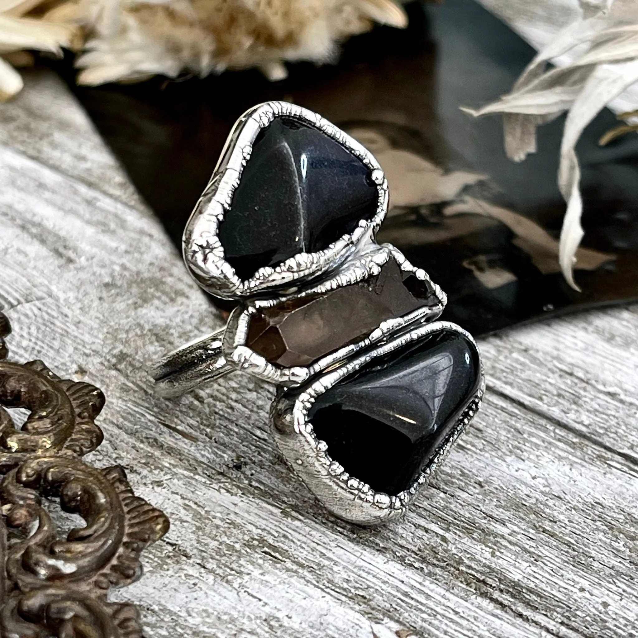 Size 8 Crystal Ring - Three Stone Ring Black Onyx & Raw Smokey Quartz Silver Ring / Foxlark Collection - One of a Kind