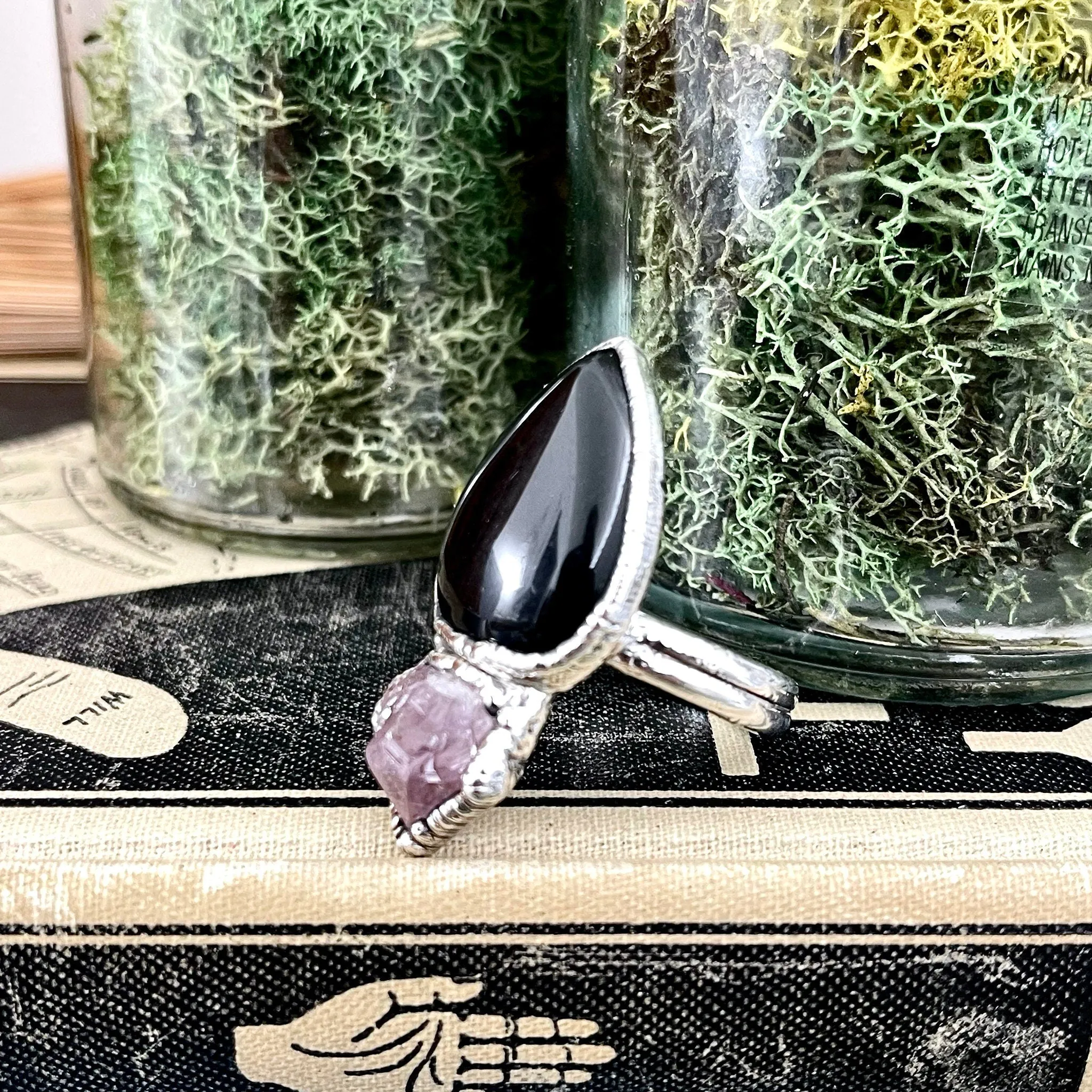 Size 9.5 Two Stone Ring- Black Onyx Purple Raw Amethyst Crystal Ring Fine Silver / Foxlark Collection - One of a Kind