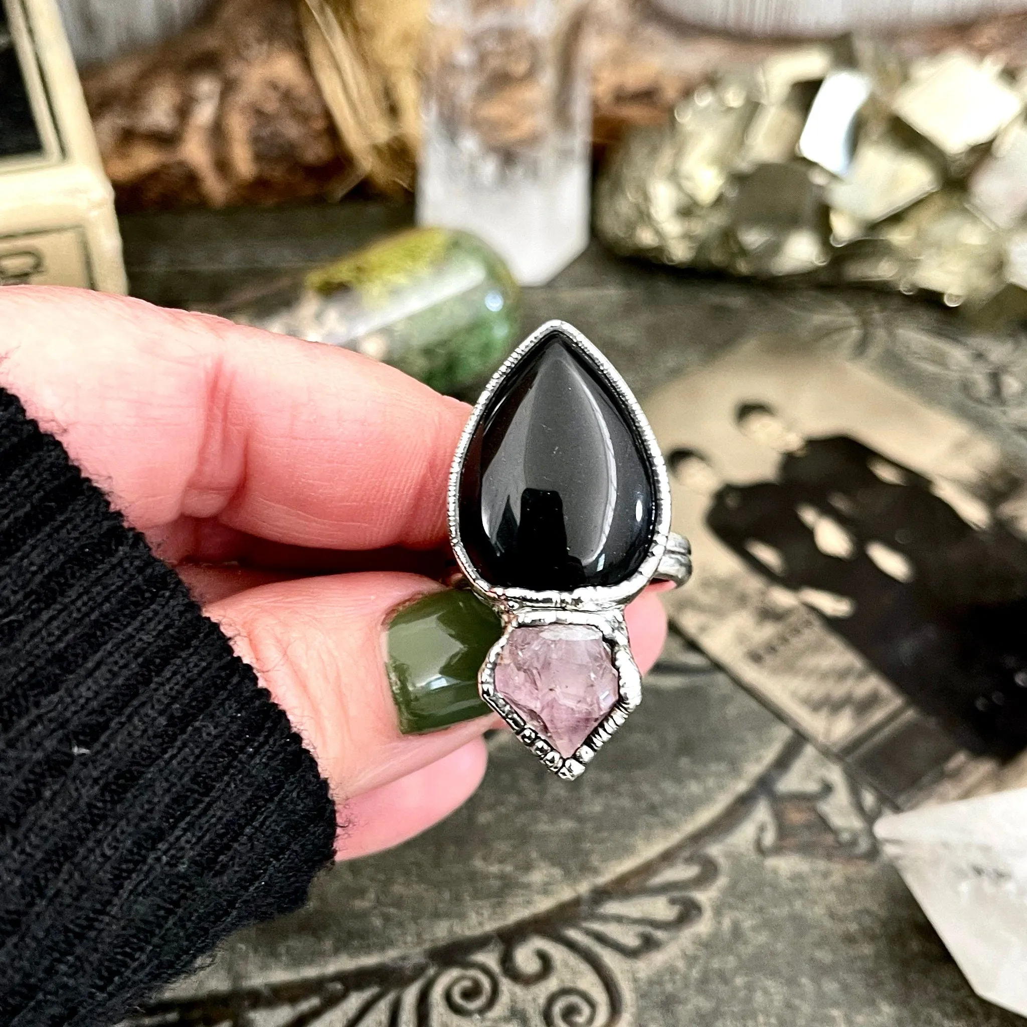 Size 9.5 Two Stone Ring- Black Onyx Purple Raw Amethyst Crystal Ring Fine Silver / Foxlark Collection - One of a Kind