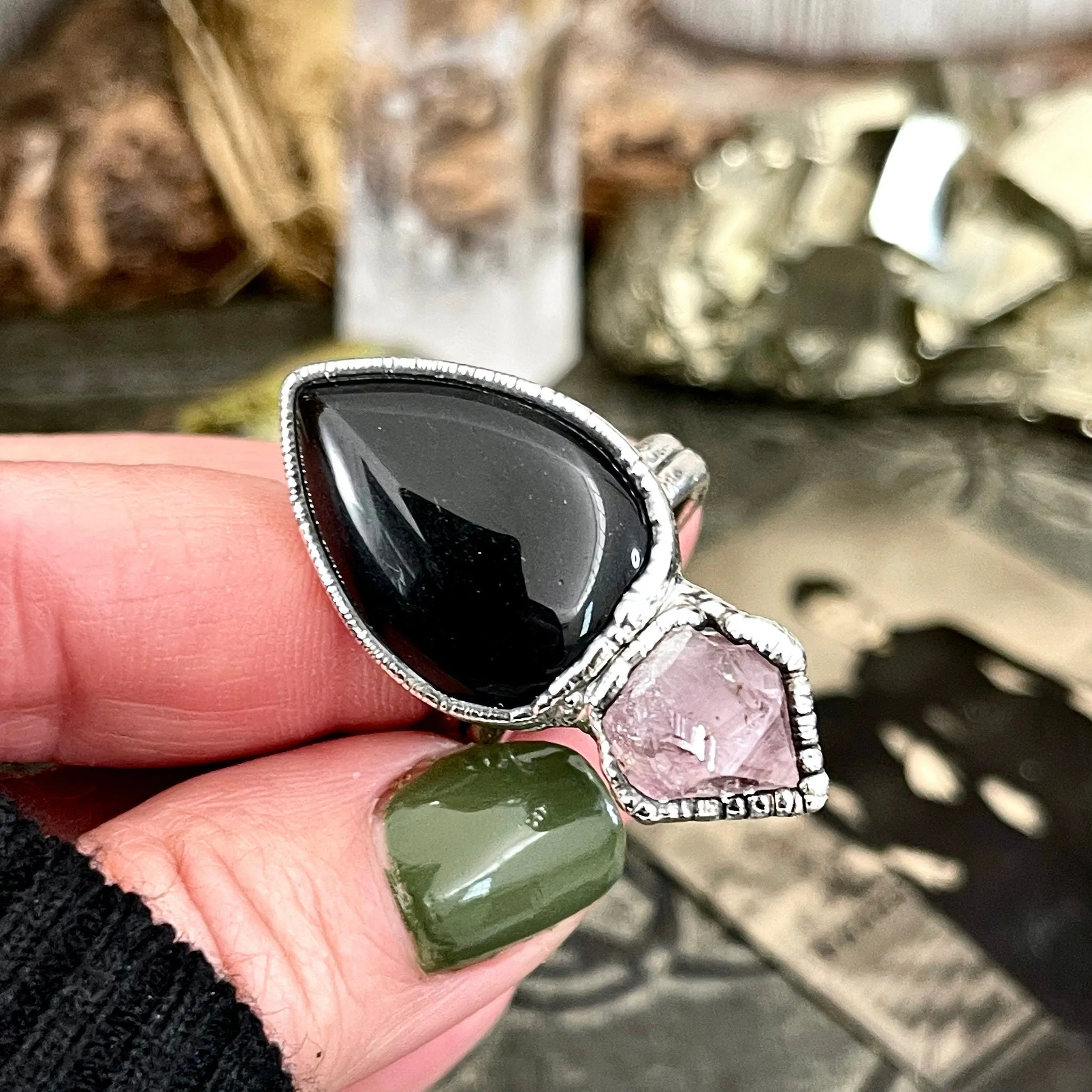 Size 9.5 Two Stone Ring- Black Onyx Purple Raw Amethyst Crystal Ring Fine Silver / Foxlark Collection - One of a Kind