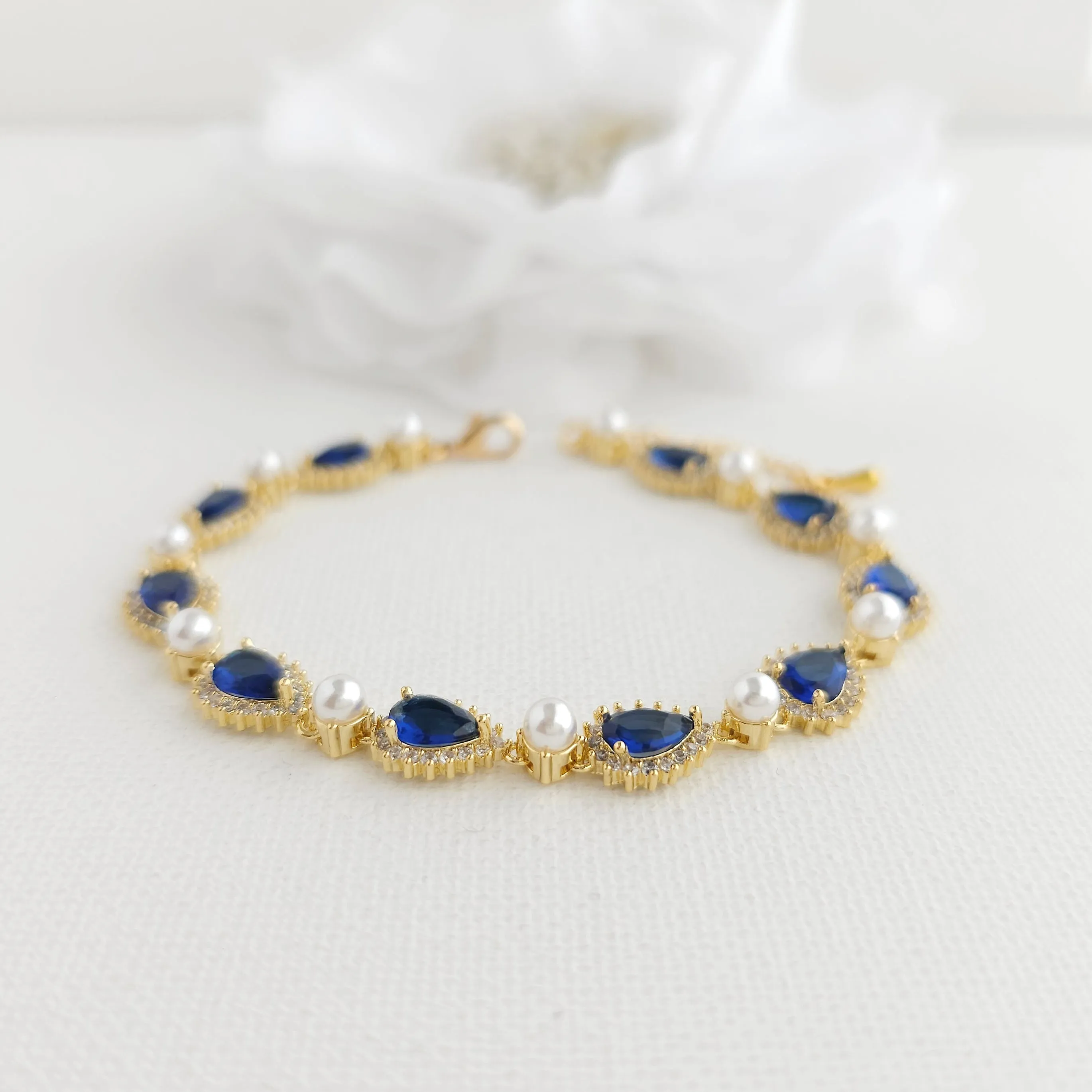 Something Blue Wedding Bracelet with Pearls and Gold-Aoi