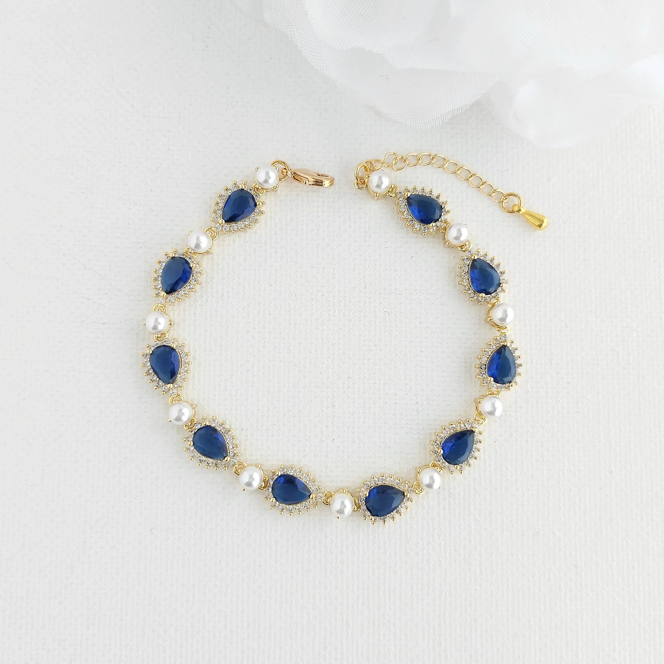 Something Blue Wedding Bracelet with Pearls and Gold-Aoi