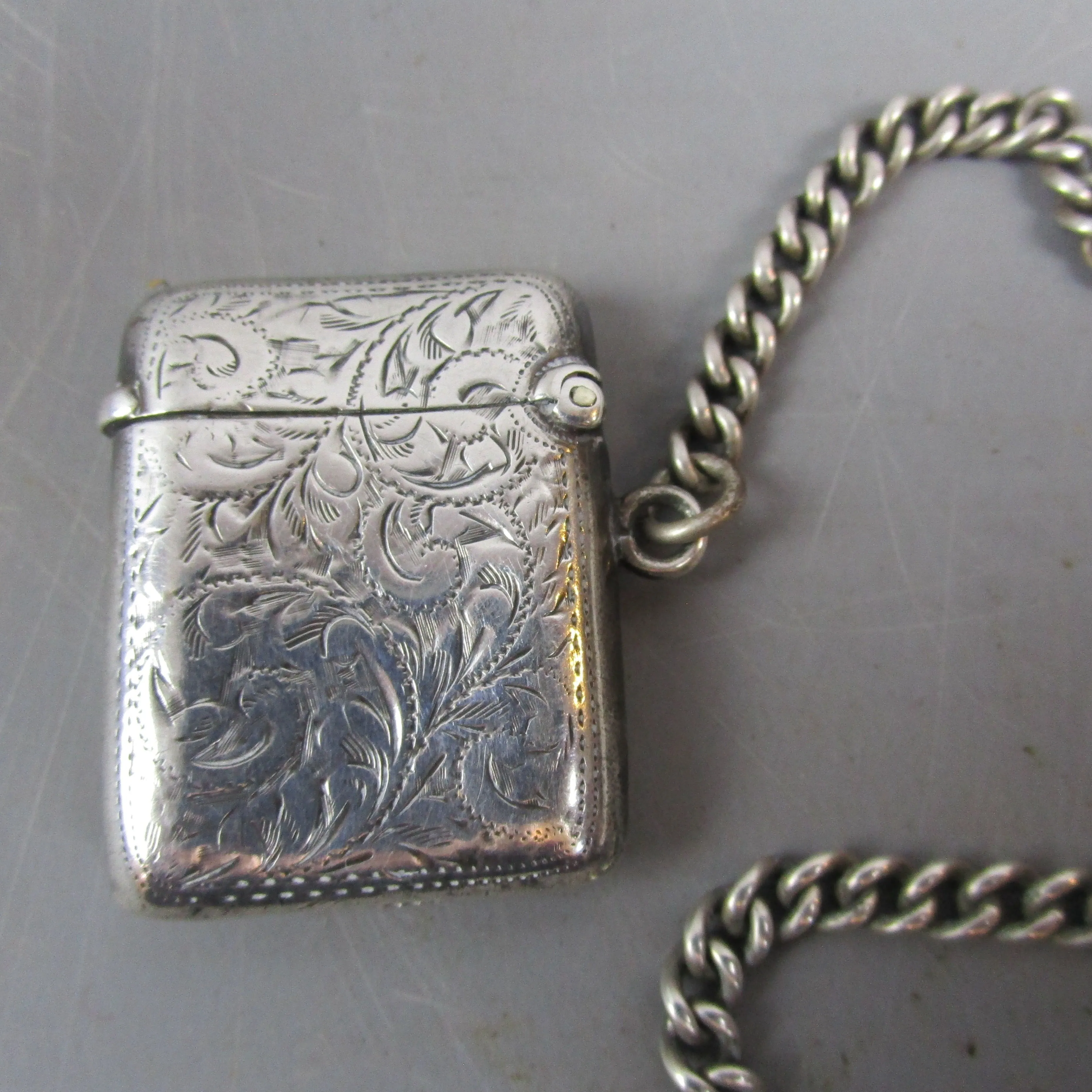 Sterling Silver Albert Watch Chain With Coin Pendant Fob T bar And Vesta Antique Victorian- c1900