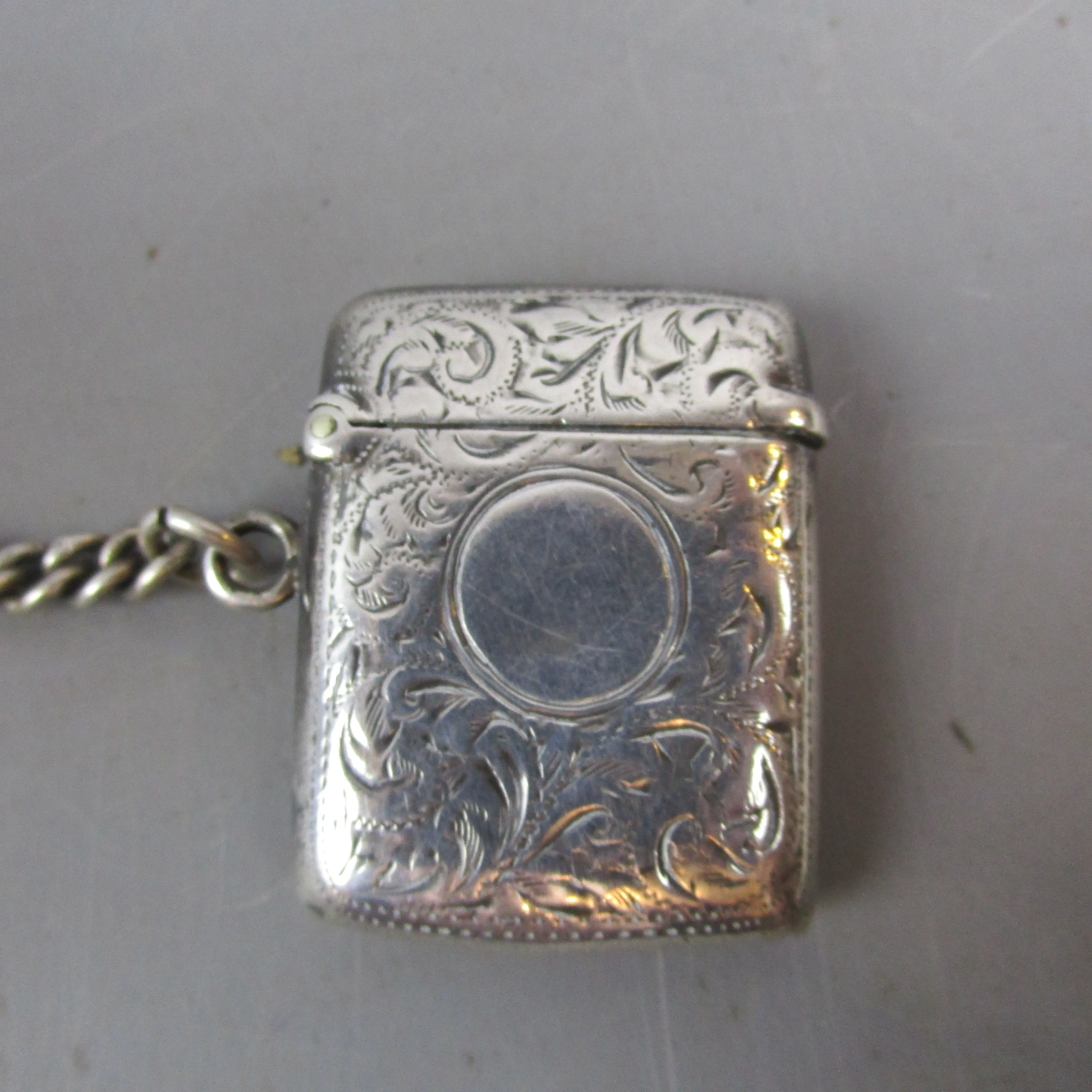 Sterling Silver Albert Watch Chain With Coin Pendant Fob T bar And Vesta Antique Victorian- c1900