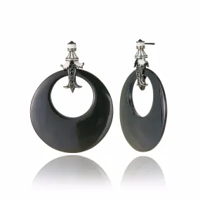 Sterling Silver Statement Earrings with White Enamel, Black Spinel, Black Onyx & Horn