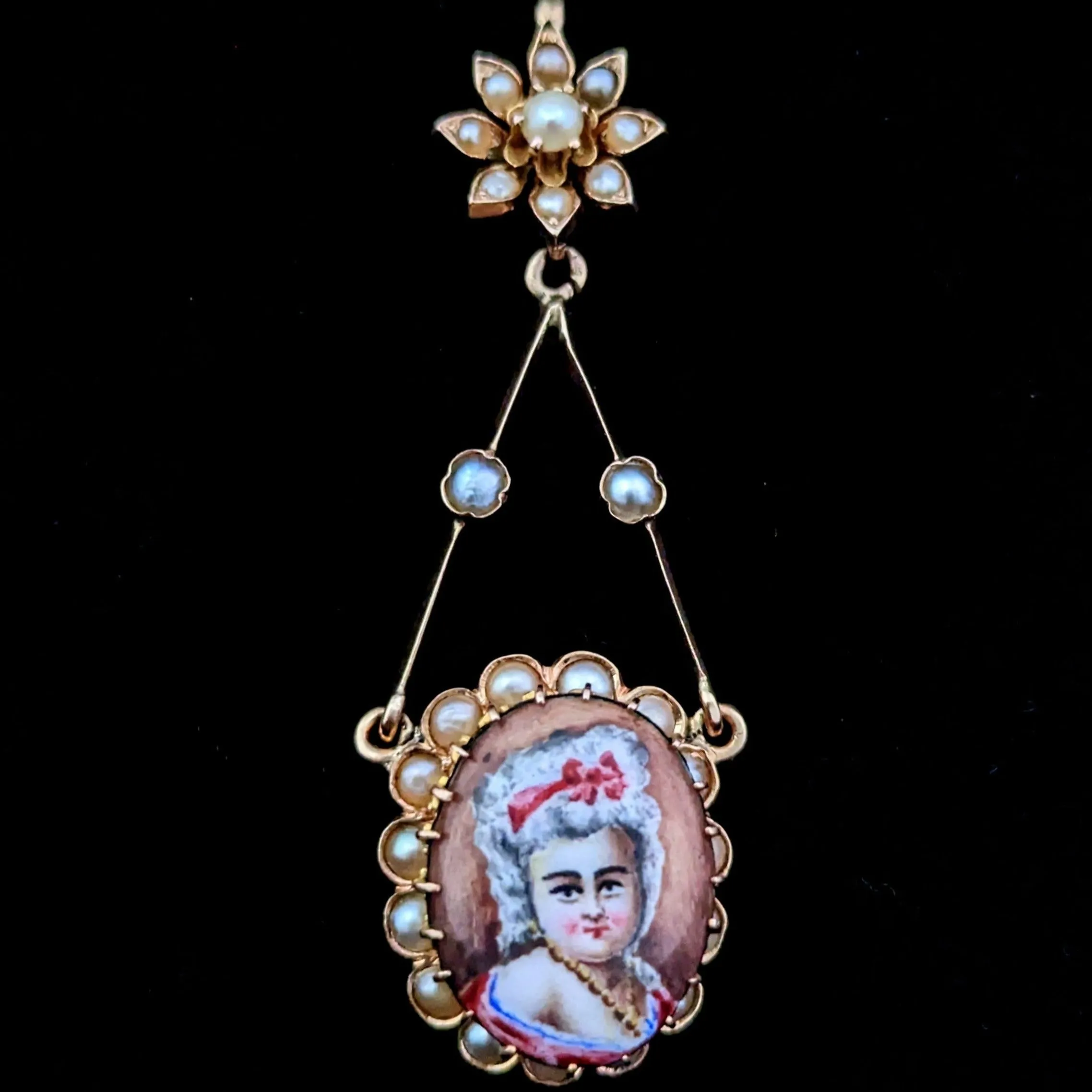 The Fairhope - Victorian Era Miniature Portrait Pendant Seed Pearls 10k Gold