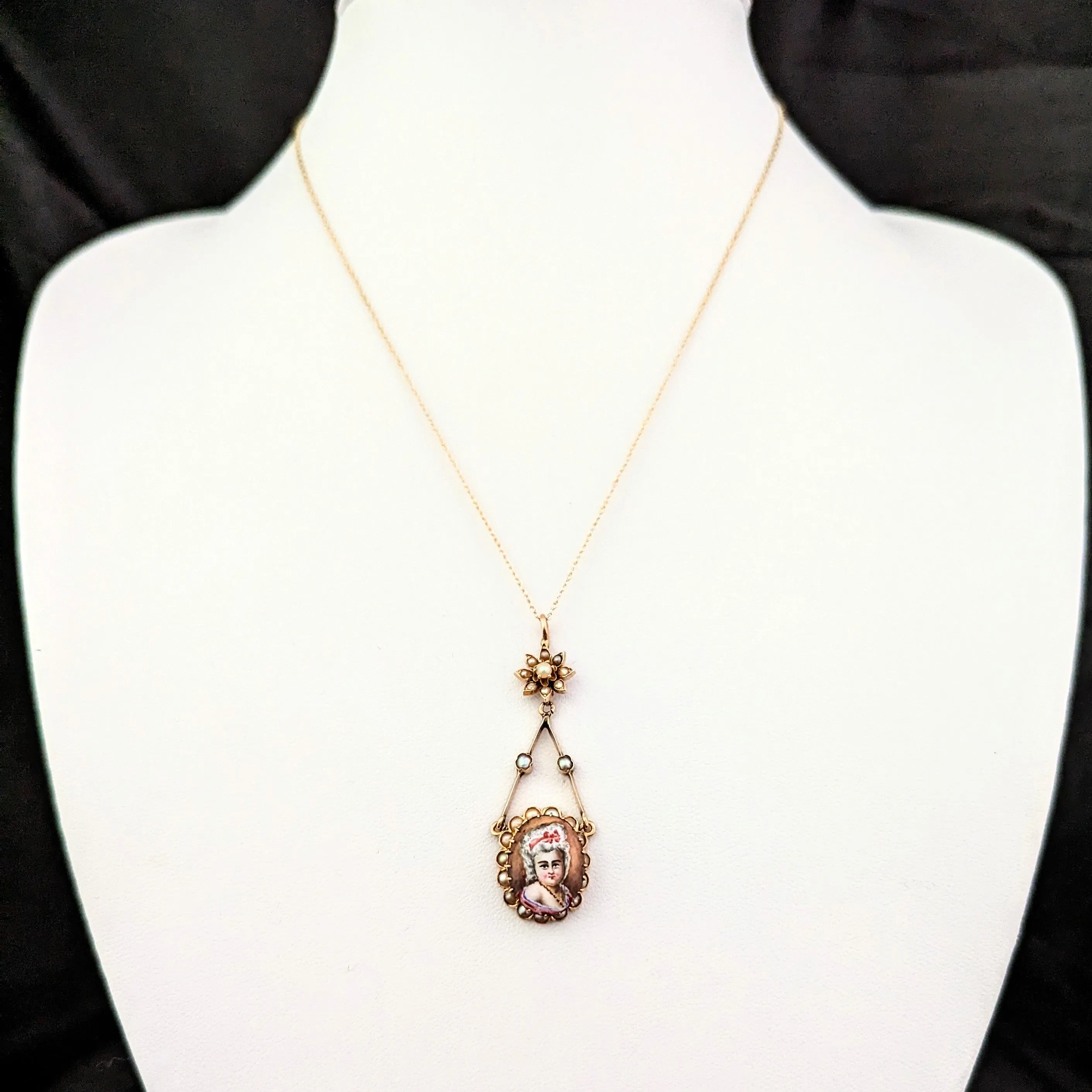 The Fairhope - Victorian Era Miniature Portrait Pendant Seed Pearls 10k Gold