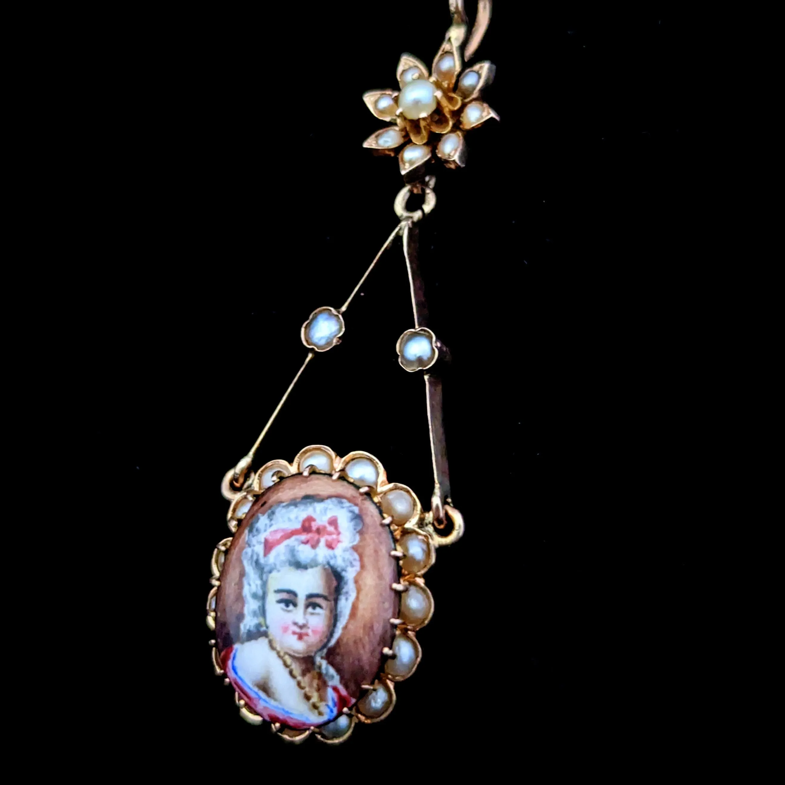 The Fairhope - Victorian Era Miniature Portrait Pendant Seed Pearls 10k Gold