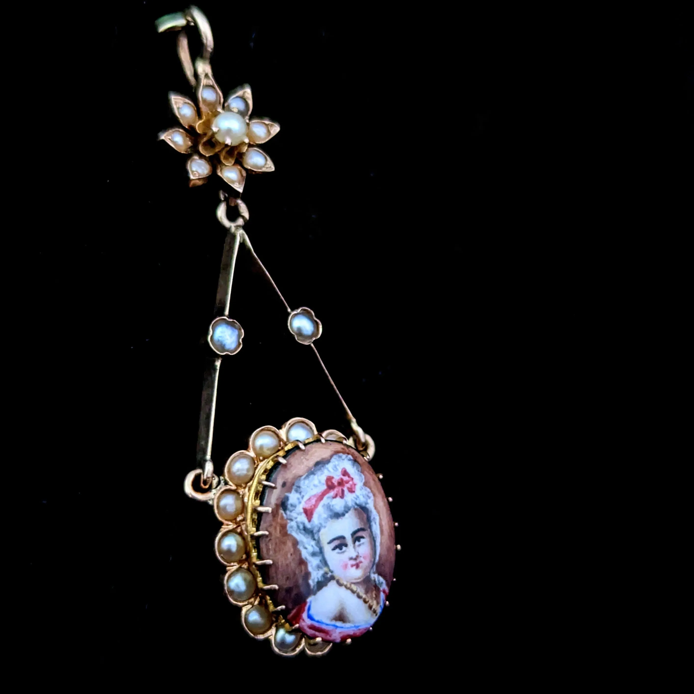 The Fairhope - Victorian Era Miniature Portrait Pendant Seed Pearls 10k Gold