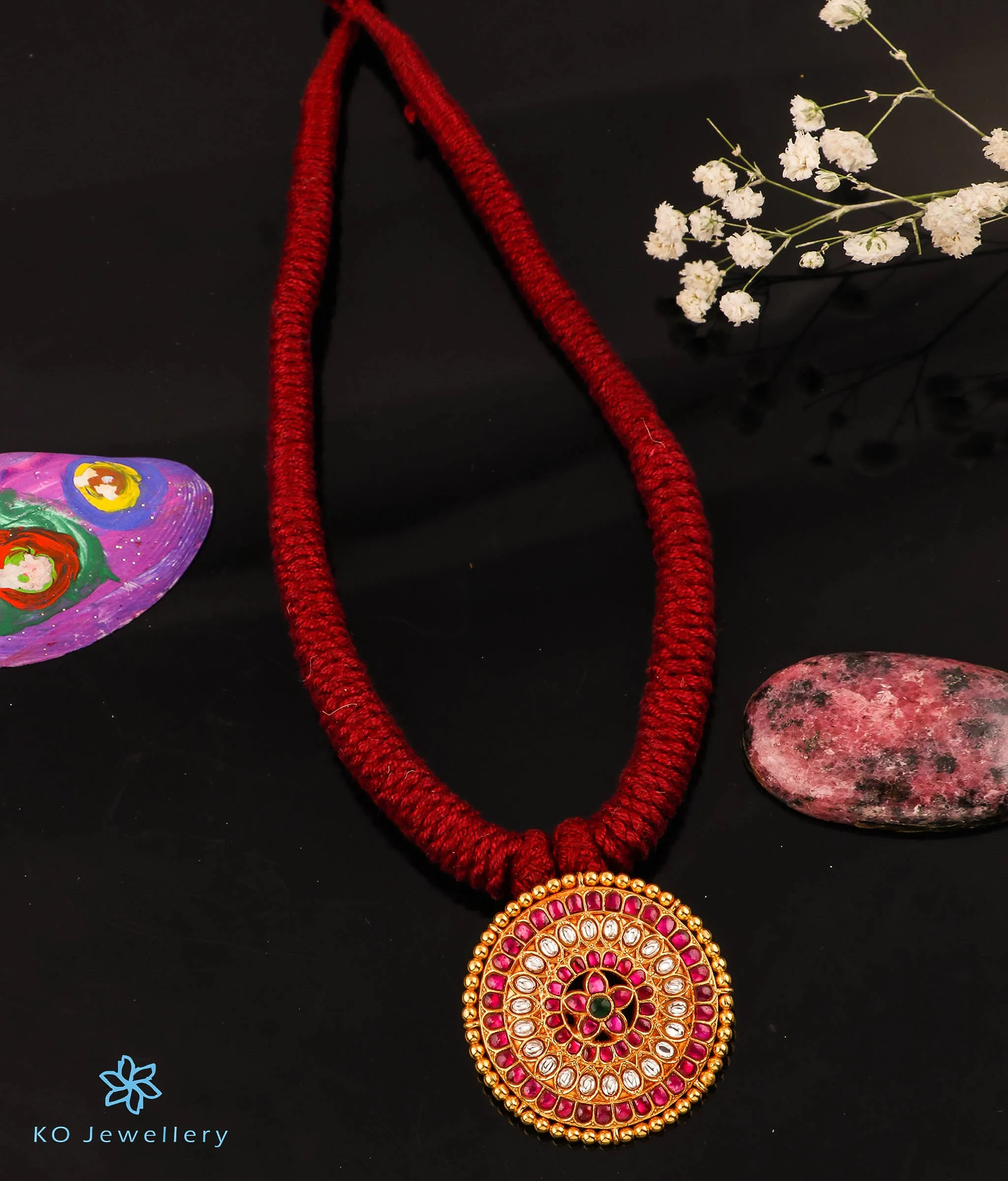 The Simran Silver Jadau Thread Necklace (Red)