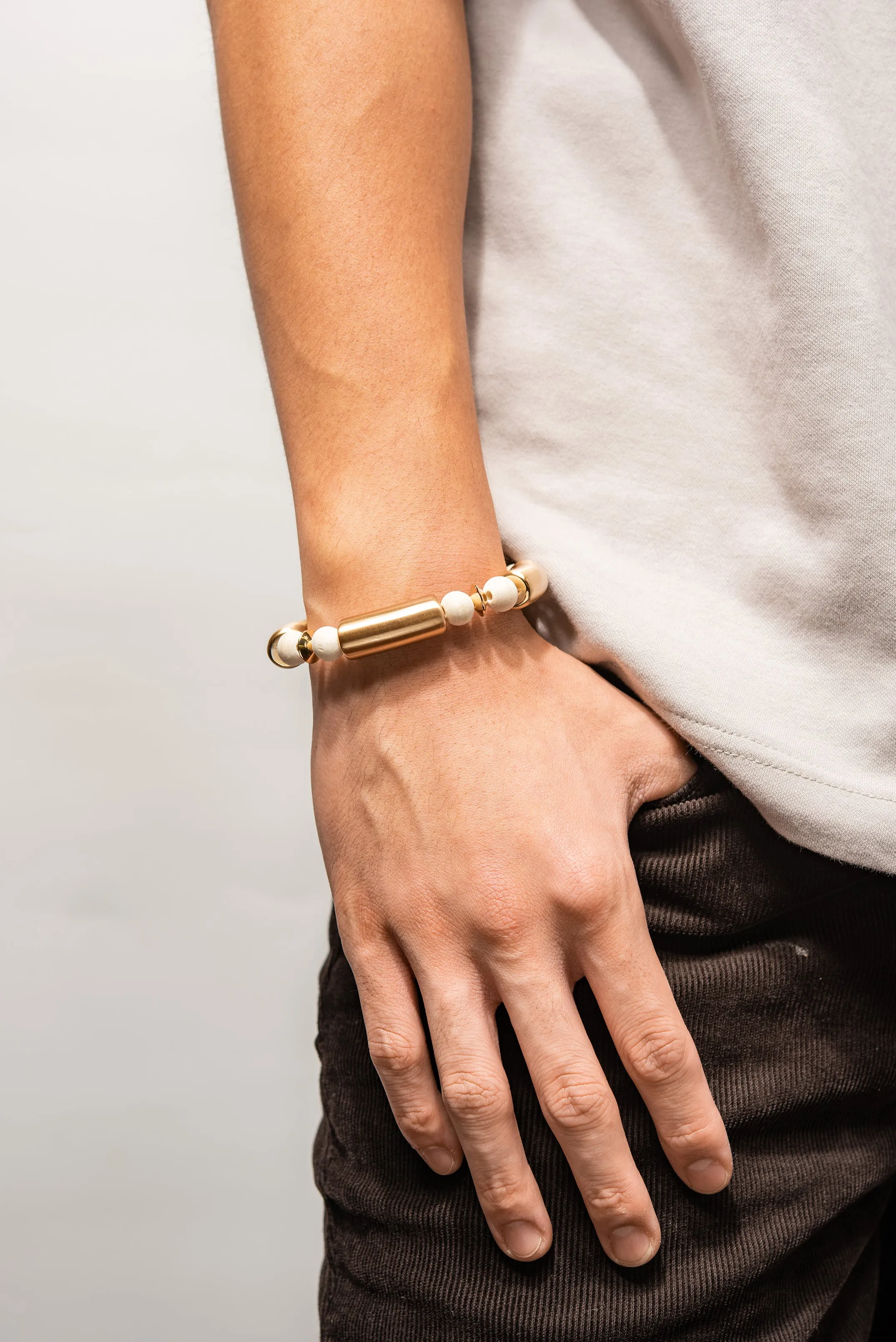 Tribal Bamboo Gold Plated Tube Bead Bracelet - White