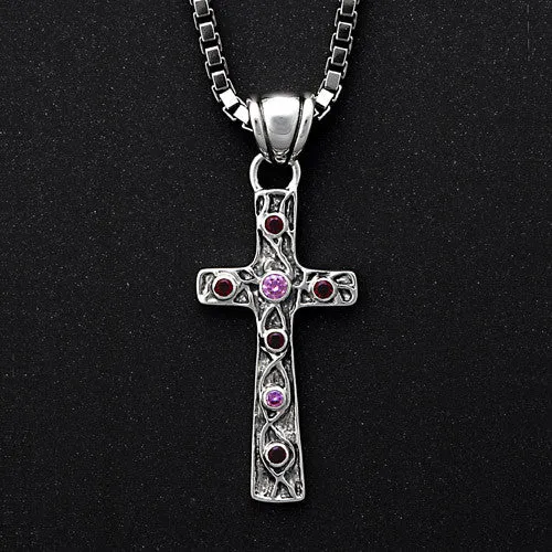 Unique Sterling Silver Garnet CZ Cross Pendant