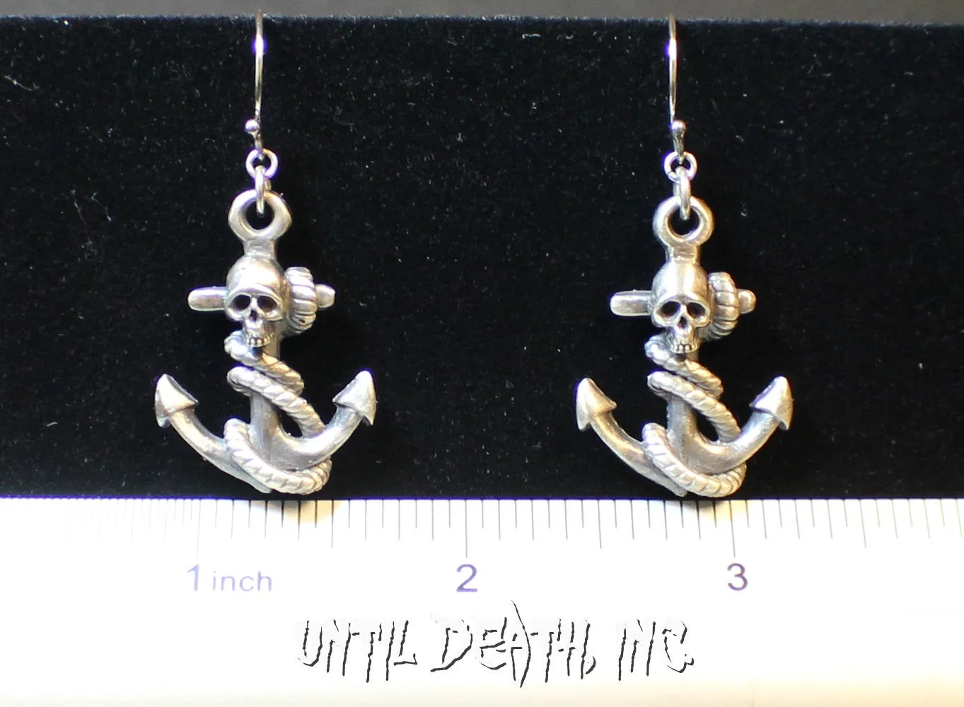 Until Death, Inc. " Anchor & Skull " Solid .925 Sterling silver.Dangle Earring Pair